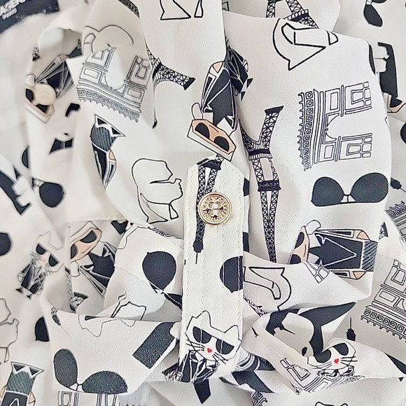 Karl Lagerfeld Paris Cat Print Button Up Shirt Pink Accents Roll Tab Sleeve L Fi - Picture 7 of 8